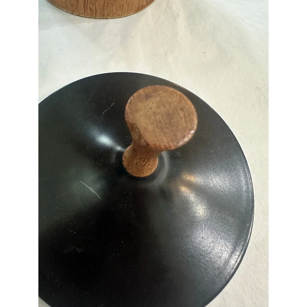 Vintage MCM Wood Grain Canister Set 3 Piece Black Lids Kitchen Storage